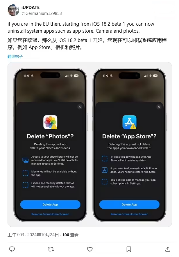 高埗镇苹果手机维修分享iOS 18.2 支持删除 App Store 应用商店 