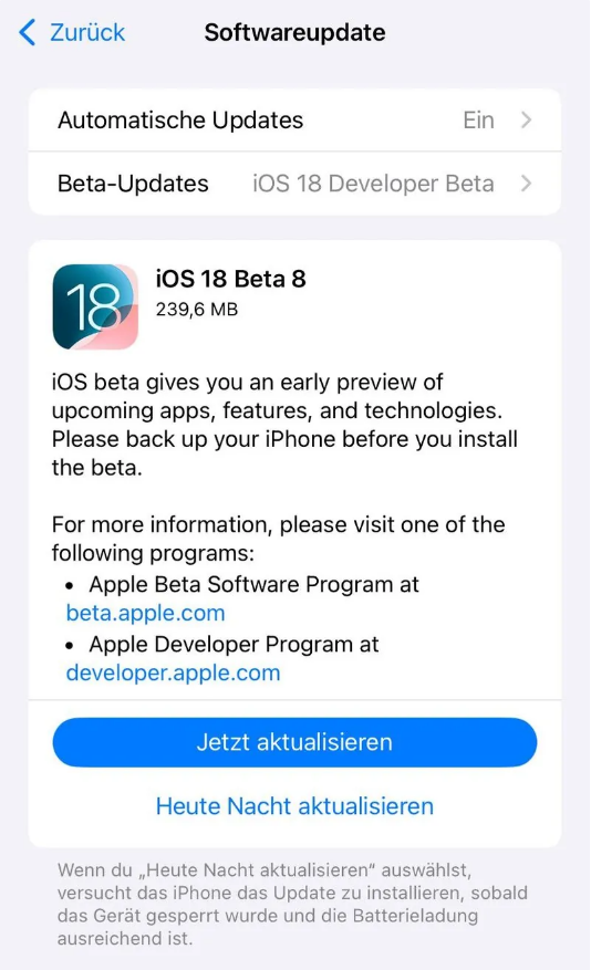 高埗镇苹果手机维修分享苹果 iOS / iPadOS 18 开发者预览版 Beta 8 发布 